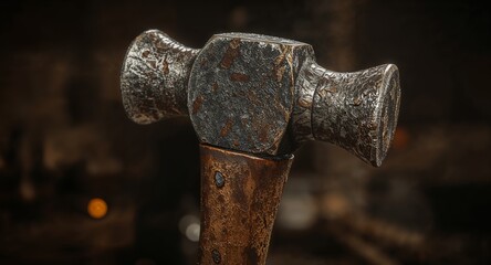 Close up of a textured metal hammer head with a wooden handle on a blurred dark background scene