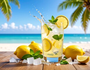 Fresh Lemonade on the Beach. A refreshing lemonade with ice cubes and lemon slices by the beach. Perfect for summer ads, beverage packaging, or tropical drink design..