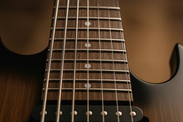 Obraz premium Detailed shot of the fretboard on a 7-string electric guitar
