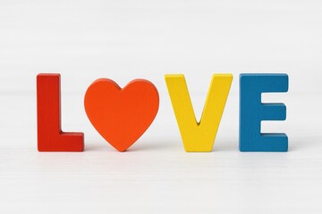 Vibrant Wooden 'Love' Sign on a White Backdrop