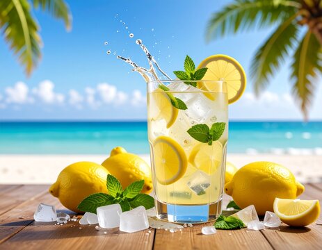 Fresh Lemonade on the Beach. A refreshing lemonade with ice cubes and lemon slices by the beach. Perfect for summer ads, beverage packaging, or tropical drink design..