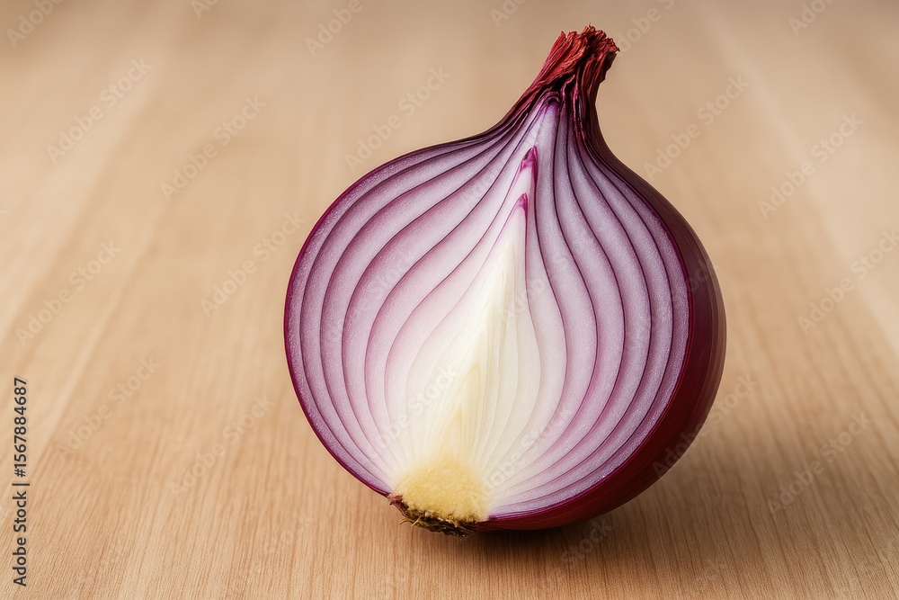Poster close-up of half a red onion resting on a table surface