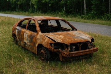 A neglected vehicle left to decay in tall grass after fire and corrosion