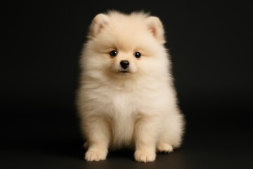 Fototapeta premium Cute cream-colored fluffy puppy sitting full-length against a dark background