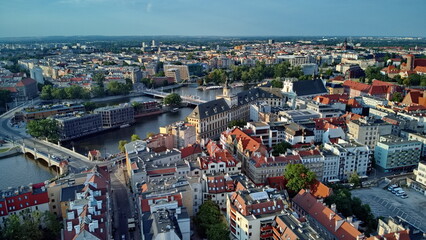 Wroclaw city center, general landscape with Odra river and University Bridge.