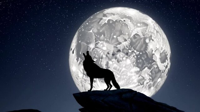 A black wolf is standing in front of a full moon. The wolf is looking up at the moon and he is howling