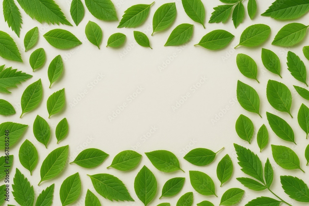Poster artistic arrangement of natural spring foliage with a simple flat lay backdrop and ample space for t