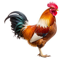 Fototapeta premium Red and White Rooster Standing Proudly, Realistic Feather Details, Isolated on Transparent Background PNG
