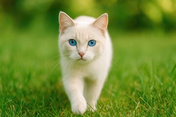 Adorable feline with striking blue eyes exploring outside