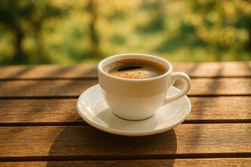 Morning sunlight illuminating coffee on a rustic wooden surface