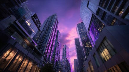 Downtown skyscrapers with ambient neon lighting, wide-angle view from ground level, sky transitioning from daylight to twilight in purple tones 