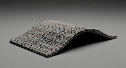 Multicolored woven carpet sample bent into a wave shape on a gray background, showcasing a textured fabric for interior design concept.