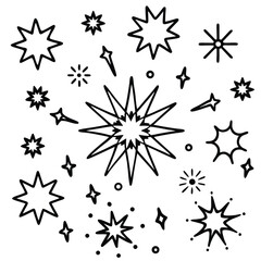 Black Line Art Stars Twinkling Sparkles Night Sky Celestial Cosmic Design Elements