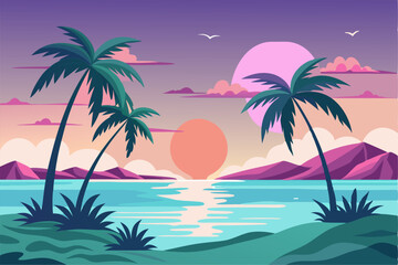 Tropical Beach Sunset with Palm Trees and Ocean Waves