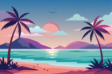 Obraz premium Tropical Beach Sunset with Palm Trees and Ocean Waves