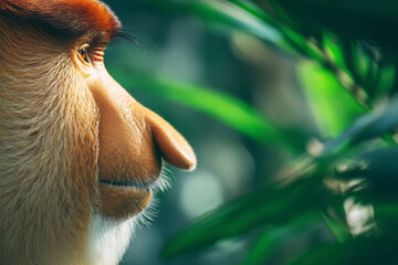 Fototapeta premium Close-up side profile of a proboscis monkey highlighting its distinctive long nose and textured facial fur, with soft green jungle foliage in the background. ai generative