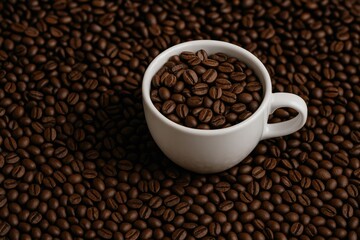 Freshly roasted coffee beans alongside a white mug