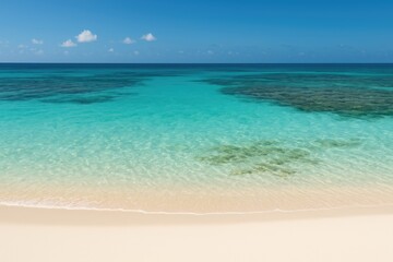 Obraz premium Bright sunny day showcasing a clear green ocean with white sandy beaches and vibrant coral reefs