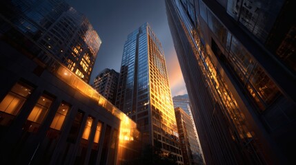 City center with tall reflective buildings, photographed during magical hour, deep shadows, dramatic light transitions in the sky, architecture glowing with warm lights 