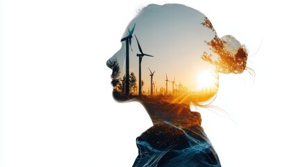 Renewable assets, close up, focus on, copy space, crisp clean colors, Double exposure silhouette with earth and light bulbs. 