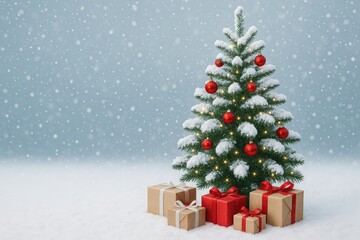 Obraz premium Winter holiday decoration with snow-covered pine