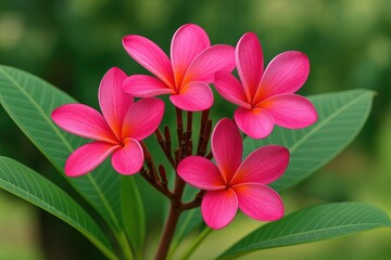 Detailed view of vibrant pink plumeria blossoms thriving in a lush garden