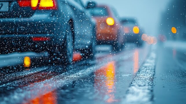 Cars driving during a snowy, wet day on the road