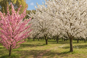Naklejka premium Springtime bloom of double flowering plum and white flowering almond trees in a scenic park setting