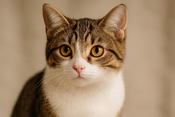 Fototapeta premium Adorable feline with brown and white fur in a close-up shot