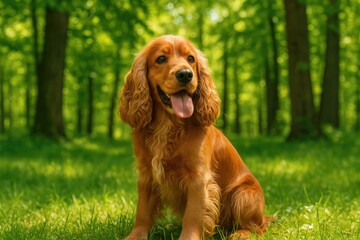 A cheerful dog exploring a sunlit forest setting