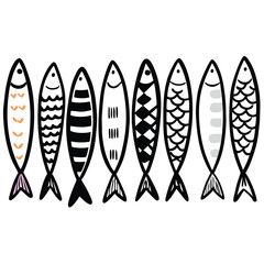 Eight stylized black fish illustrations various patterns white background orange pink grey