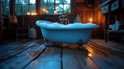 Clawfoot tub in rustic bathroom, candlelit, bubbles