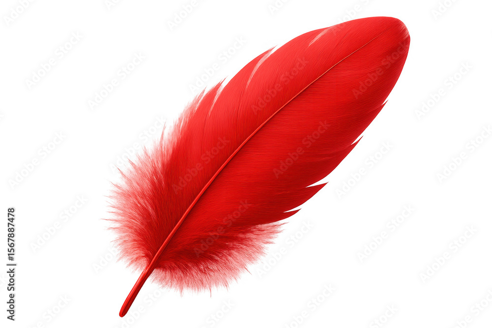 Poster single vibrant red feather isolated on a transparent background, ideal for design projects needing a