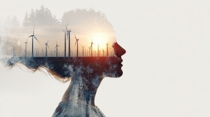 Renewable assets, close up, focus on, copy space, crisp clean colors, Double exposure silhouette with earth and light bulbs. 