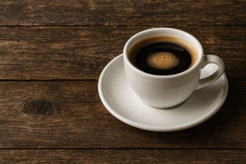 Mug of coffee placed on a vintage wooden surface with empty area for text