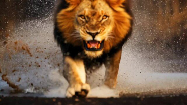 Lion animal wildlife running through water splash with fierce expression and droplets natural