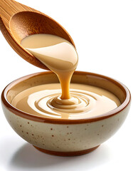 Vegan tahini paste pouring from wooden spoon into bowl
