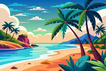 Tropical Beach Sunset with Palm Trees and Ocean Waves