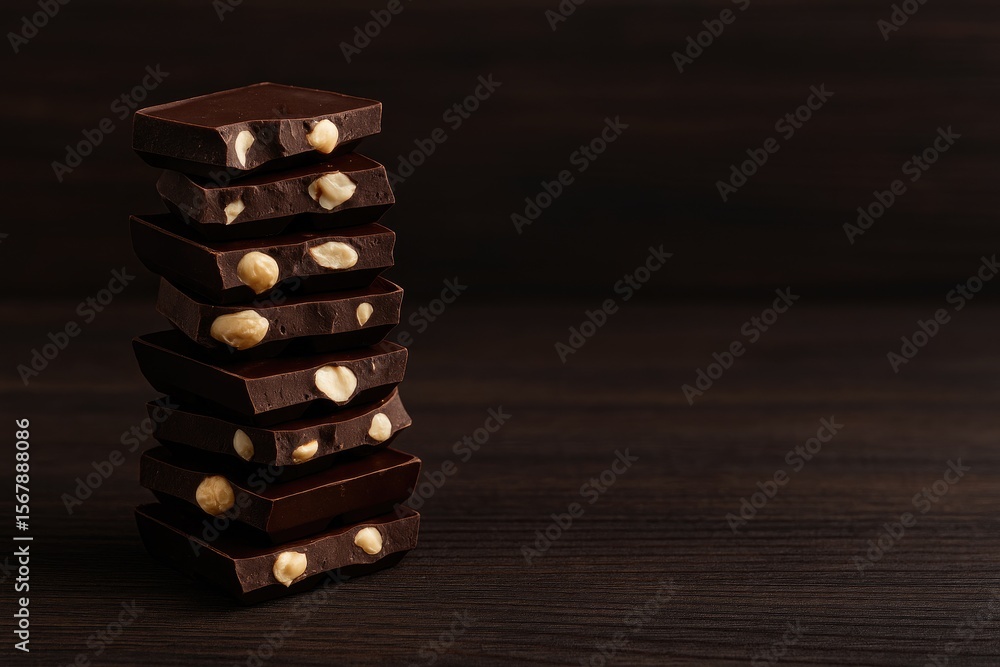 Poster crushed dark chocolate with nuts arranged in a tower shape on a dark wooden surface, perfect for add