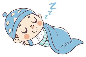 Vector cute Baby Boy cartoon character, with a contented sigh and a peaceful expression, wearing a soft blue blanket and sleeping soundly, in a tranquil, serene style, isolated on white background