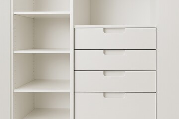 Contemporary closet furniture with white tones featuring drawers and shelves with mortise handles