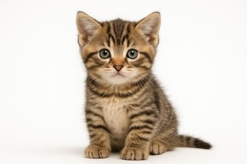 Adorable young tabby kitten seated alone on a plain white backdrop