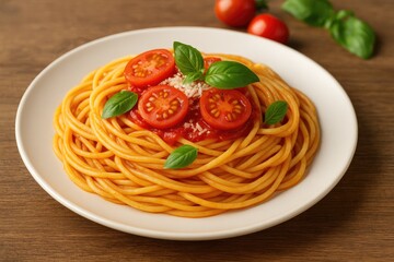 Tasty pasta topped with fresh tomatoes served on a plate on a table