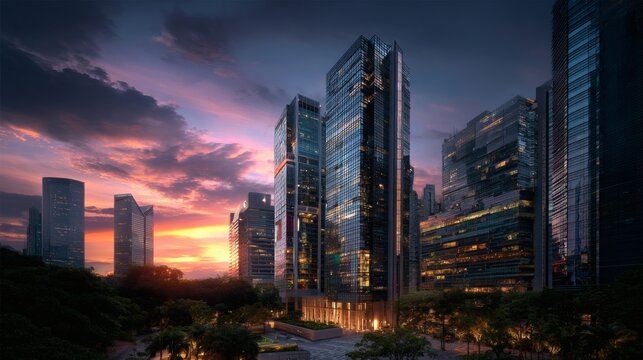 Business district with cutting-edge skyscrapers, neon lighting glowing inside windows, reflective glass catching the last light of sunset, ambient dusk tones 