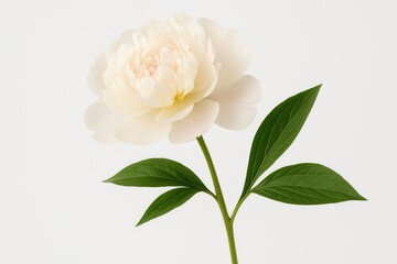 Gentle light-colored peony blossom set against a plain white backdrop