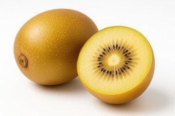 Fototapeta premium Slice a golden kiwifruit against a white backdrop