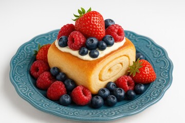 Fresh berry dessert served on a retro blue plate with a sweet roll on a white backdrop
