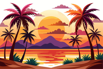 Tropical Beach Sunset with Palm Trees and Ocean Waves