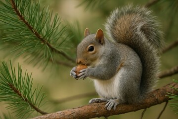 Obraz premium Adorable Grey Squirrel Enjoying a Nut Amid Pine Branches