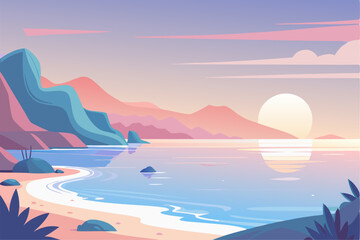 Tropical Beach Sunset with Palm Trees and Ocean Waves